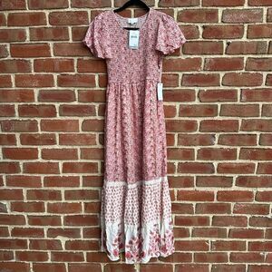 A Collective Story $158 Rose Pink Floral Smocked boho Maxi Dress Small NEW